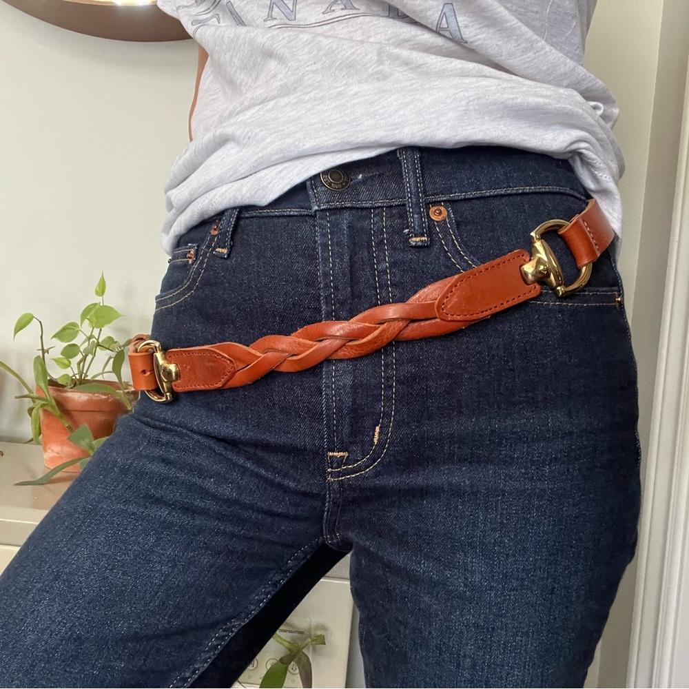 Massimo Dutti Leather Horsebit Equestrian Brown Gold Belt Braided Woven